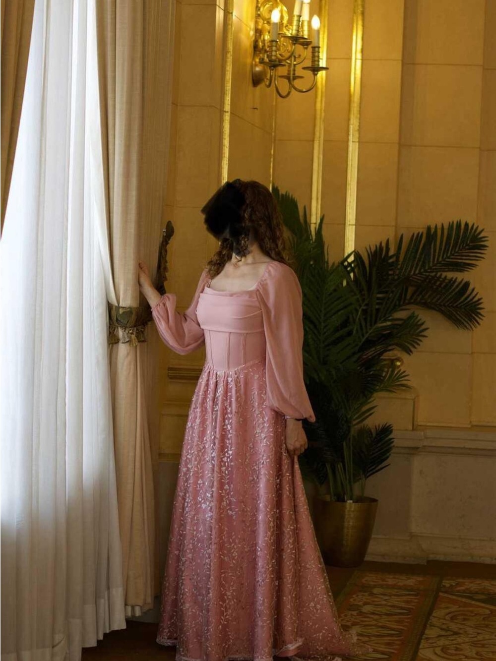 Romantic Pink Maxi Dress with Sheer Long Sleeves